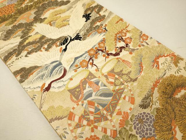 平和屋着物◎アンティーク 大正ロマン 六通柄袋帯 飛鶴花松文 金糸 正絹 逸品 CABG5850oy
