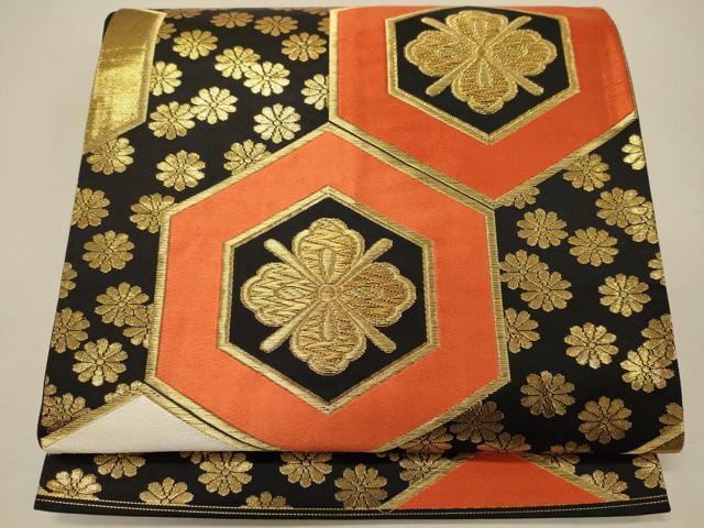 平和屋着物◎六通柄袋帯 亀甲花文 黒地 金糸 正絹 逸品 CABG5866oy