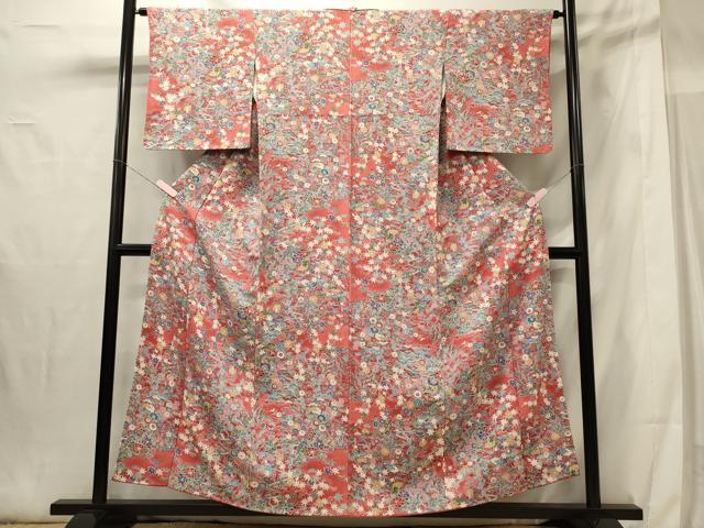 平和屋着物■上質な小紋 流水草花文 鬼しぼ縮緬 正絹 逸品 CABG5878oy