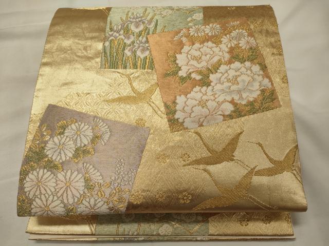 平和屋着物◎六通柄袋帯 全通箔 飛鶴色紙花文 金糸 鈴乃屋扱い 正絹 逸品 CABG5942oy