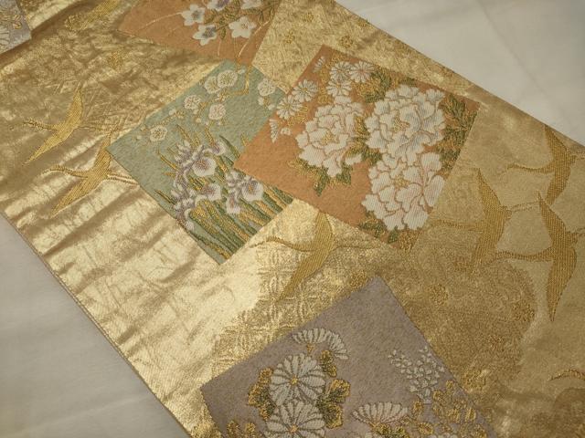 平和屋着物◎六通柄袋帯 全通箔 飛鶴色紙花文 金糸 鈴乃屋扱い 正絹 逸品 CABG5942oy