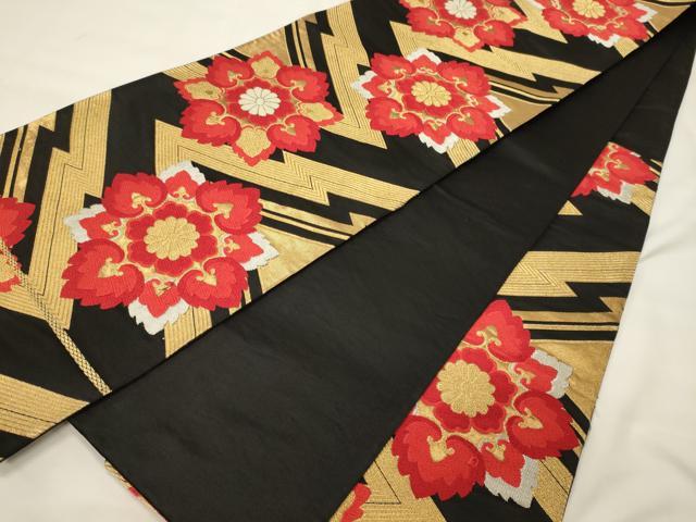 平和屋着物◎六通柄袋帯 唐織 松皮菱正倉院花文 黒地 金銀糸 正絹 逸品 CABG5948oy
