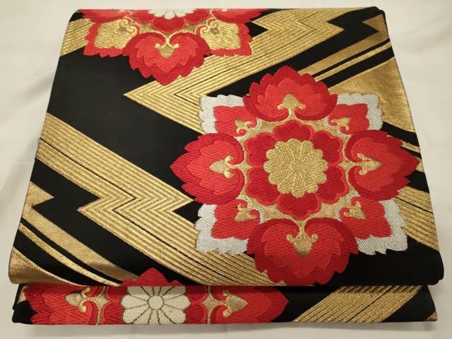 平和屋着物◎六通柄袋帯 唐織 松皮菱正倉院花文 黒地 金銀糸 正絹 逸品 CABG5948oy