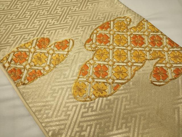 平和屋着物◎太鼓柄袋帯 駒刺繍 雲取り菱花文 正絹 逸品 CABG5952oy