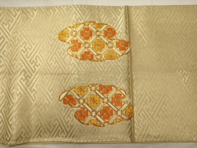 平和屋着物◎太鼓柄袋帯 駒刺繍 雲取り菱花文 正絹 逸品 CABG5952oy