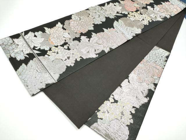 平和屋着物●西陣 川島織物 六通柄 本袋帯 草花文 黒地 銀糸 正絹 逸品 CABG6013hy