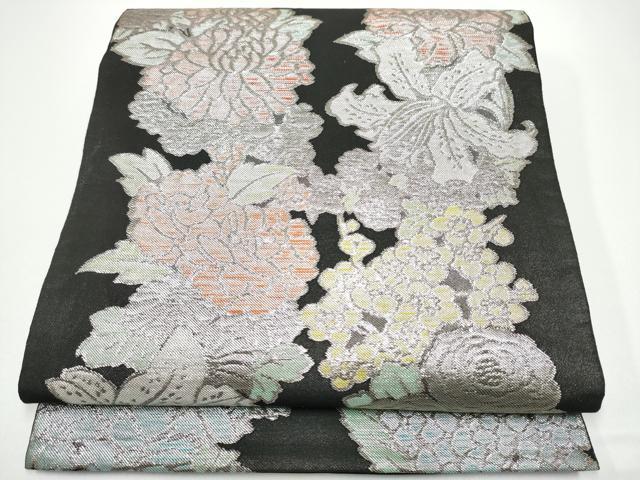 平和屋着物●西陣 川島織物 六通柄 本袋帯 草花文 黒地 銀糸 正絹 逸品 CABG6013hy