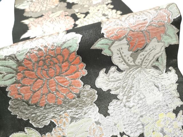 平和屋着物●西陣 川島織物 六通柄 本袋帯 草花文 黒地 銀糸 正絹 逸品 CABG6013hy