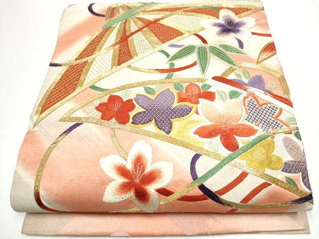 平和屋着物●アンティーク 大正ロマン 丸帯 総刺繍 駒刺繍 草花文 引き抜き帯 正絹 逸品 CABG6041hy