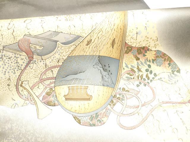 平和屋着物●友禅師・京の名工・伝統工芸士・樽本伊勢蔵 太鼓柄袋帯 楽器草花文 金銀彩 正絹 逸品 CABG6045hy