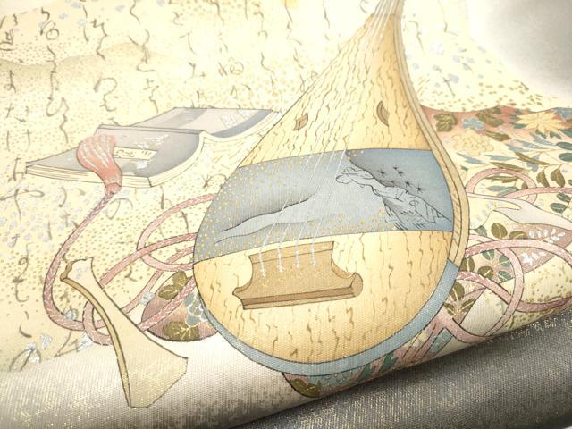 平和屋着物●友禅師・京の名工・伝統工芸士・樽本伊勢蔵 太鼓柄袋帯 楽器草花文 金銀彩 正絹 逸品 CABG6045hy