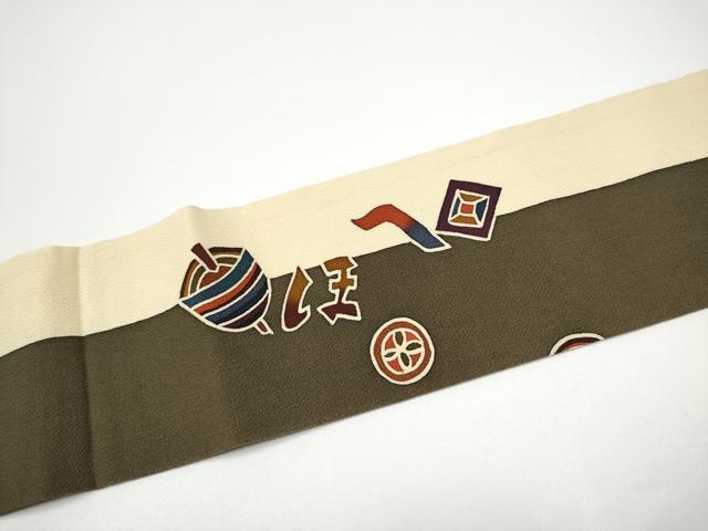 平和屋着物●九寸名古屋帯 作家物 型染め 玩具文 鬼しぼ縮緬 正絹 逸品 CABG6081hy