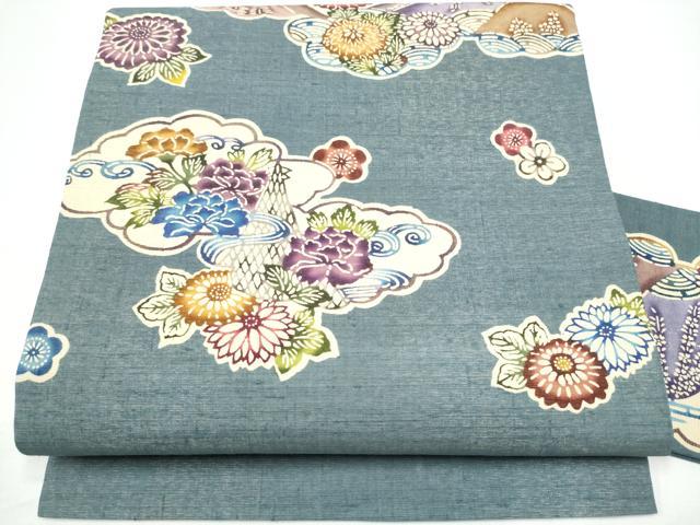 平和屋着物●九寸名古屋帯 型染め 紬地 雲重ね花文 金通し地 正絹 逸品 CABG6091hy
