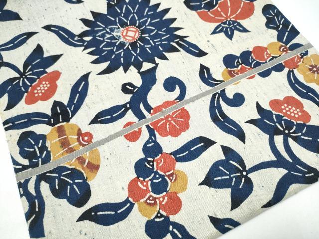 平和屋着物●浦野理一 型染 九寸名古屋帯 花唐草文 正絹 逸品 CABG6109hy