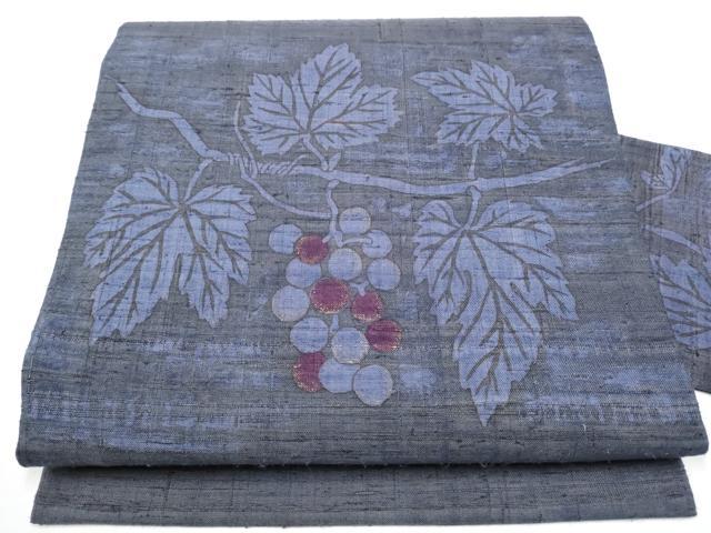 平和屋着物●九寸名古屋帯 手描き 紬地 葡萄蔦の葉文 金彩 正絹 逸品 CABG6114hy