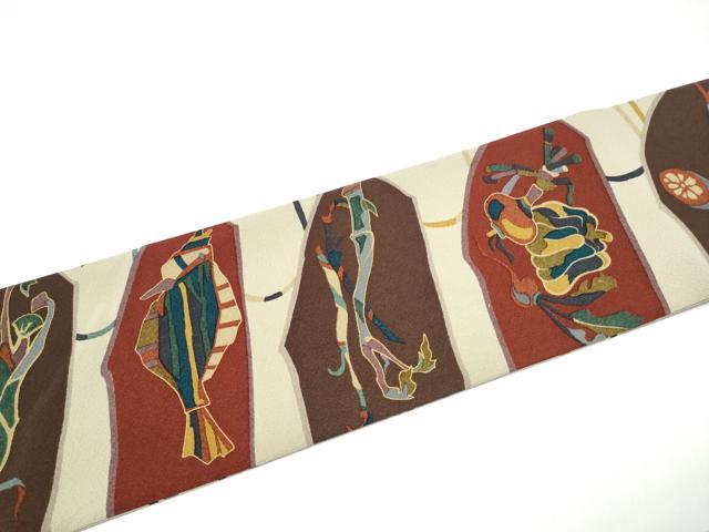 平和屋着物●全通柄 九寸名古屋帯 型染め 魚 成物 金彩 正絹 逸品 CABG6120hy