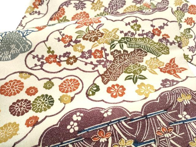 平和屋着物●九寸名古屋帯 型染め 雲重ね草花文 銀通し地 正絹 逸品 CABG6121hy