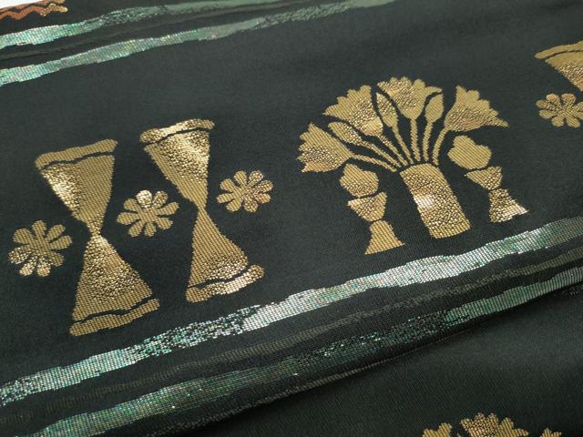 平和屋着物●つけ帯 陶器幾何学花文 黒地 金糸 正絹 逸品 CABG6136hy
