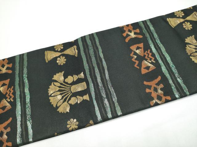 平和屋着物●つけ帯 陶器幾何学花文 黒地 金糸 正絹 逸品 CABG6136hy