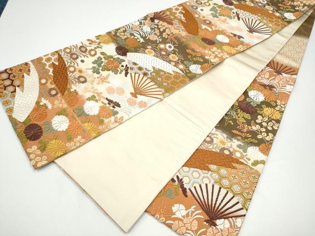 平和屋着物●西陣 河合美術織物謹製 六通柄袋帯 扇面吉祥花文 金糸 正絹 逸品 CABG6184hy