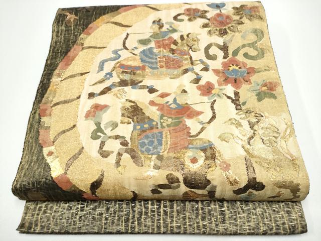 平和屋着物▽太鼓柄袋帯 スリーシーズン 春夏秋 すくい織 狩猟文 金糸 正絹 逸品 CABG6194hy