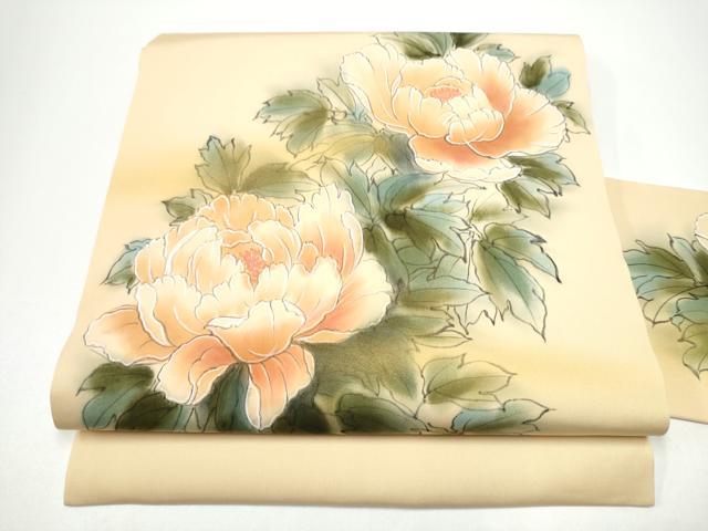 平和屋着物●塩瀬 九寸名古屋帯 手描き 牡丹 金彩 正絹 逸品 CABG6215hy