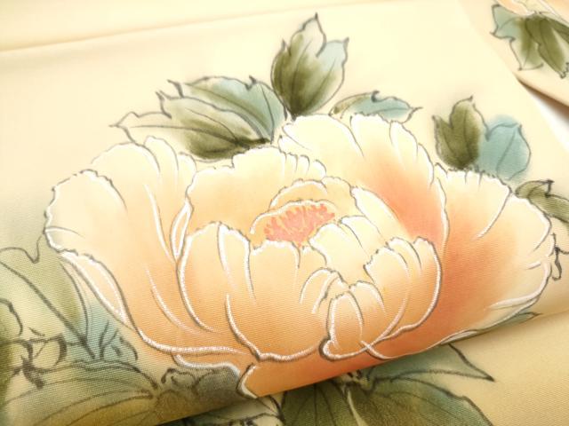 平和屋着物●塩瀬 九寸名古屋帯 手描き 牡丹 金彩 正絹 逸品 CABG6215hy