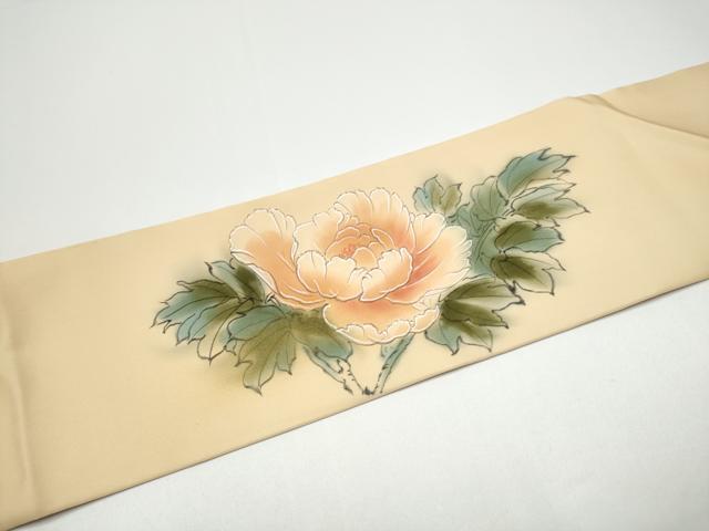 平和屋着物●塩瀬 九寸名古屋帯 手描き 牡丹 金彩 正絹 逸品 CABG6215hy