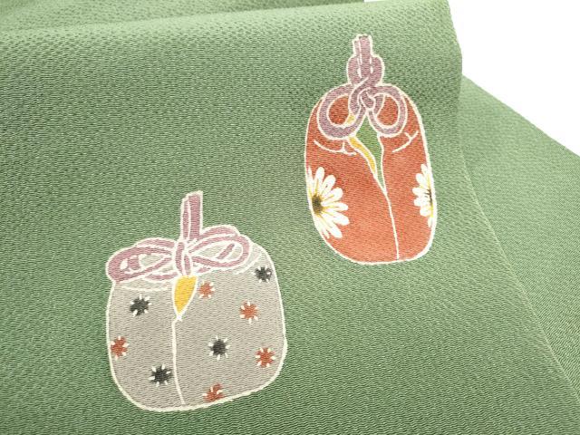 平和屋着物●九寸名古屋帯 型染め 仕覆花文 鬼しぼ縮緬 正絹 逸品 CABG6221hy