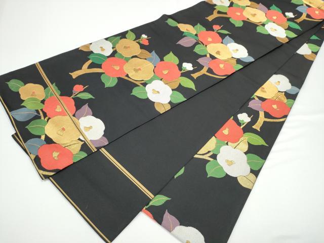 平和屋着物●全通柄 本袋帯 枝椿 黒地 金糸 正絹 逸品 CABG6282hy