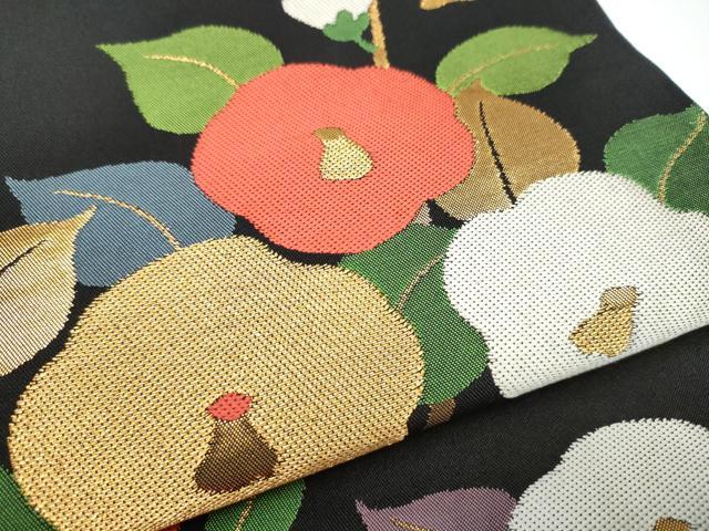 平和屋着物●全通柄 本袋帯 枝椿 黒地 金糸 正絹 逸品 CABG6282hy