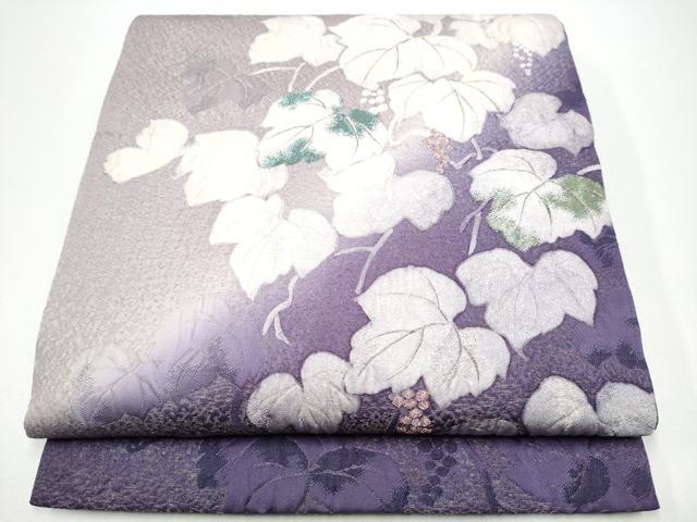 平和屋着物●太鼓柄袋帯 ふくれ織 葡萄蔦の葉文 銀通し地 正絹 逸品 CABG6364hy