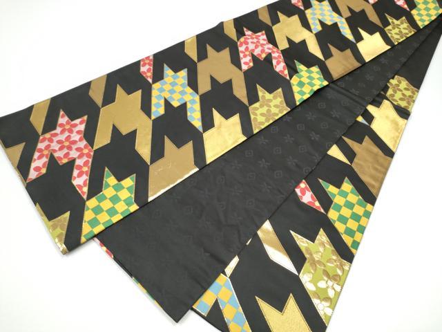 平和屋着物●六通柄袋帯 幾何学花文 黒地 金糸 正絹 逸品 CABG6371hy