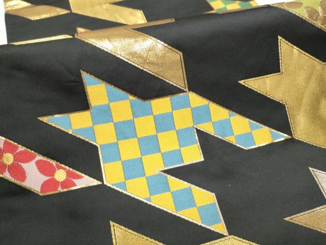 平和屋着物●六通柄袋帯 幾何学花文 黒地 金糸 正絹 逸品 CABG6371hy