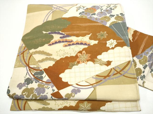平和屋着物●アンティーク 大正ロマン 九寸名古屋帯 刺繍 扇面草花文 正絹 逸品 CABG6390hy