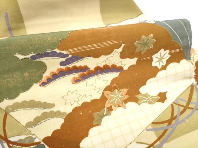 平和屋着物●アンティーク 大正ロマン 九寸名古屋帯 刺繍 扇面草花文 正絹 逸品 CABG6390hy