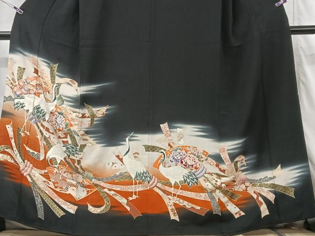 平和屋着物■豪華黒留袖 束ね熨斗吉祥地紙花鳥文 暈し染め 金彩 正絹 逸品 CABG6409xe
