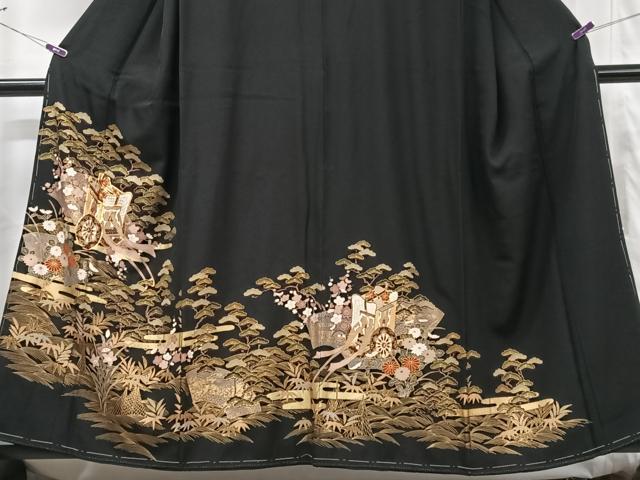 平和屋着物■豪華黒留袖 駒刺繍 御所車浜松文 金彩 正絹 逸品 CABG6464xe