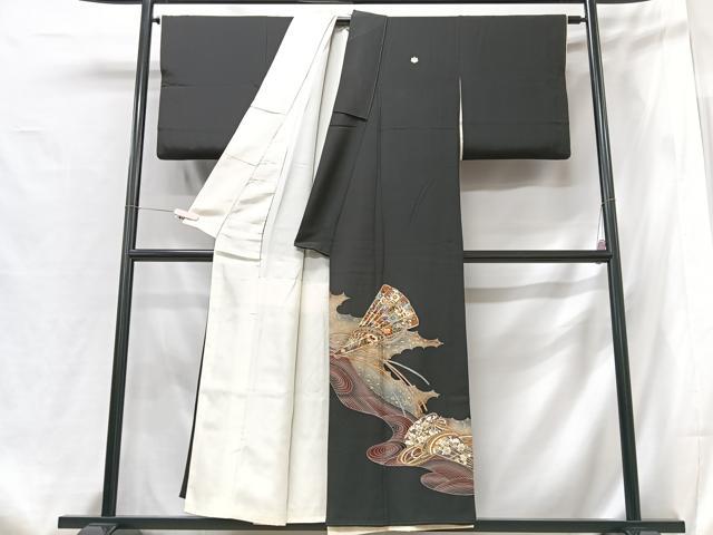 平和屋着物■豪華黒留袖 駒刺繍 扇面花文 金彩 正絹 逸品 CABG6546xe