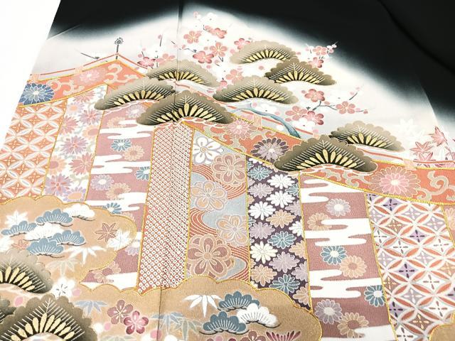 平和屋着物■豪華黒留袖 擦過物 駒刺繍 吉祥更紗松文 暈し染め 金彩 正絹 逸品 CABG6593xe