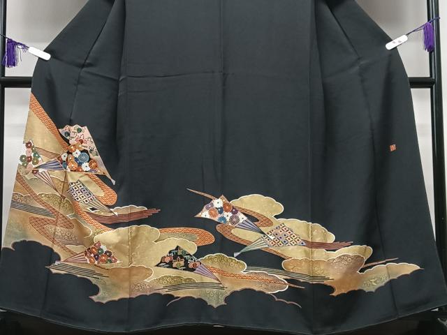 平和屋着物■豪華黒留袖 擦過物 駒刺繍 扇面吉祥花文 金彩 正絹 逸品 CABG6603xe