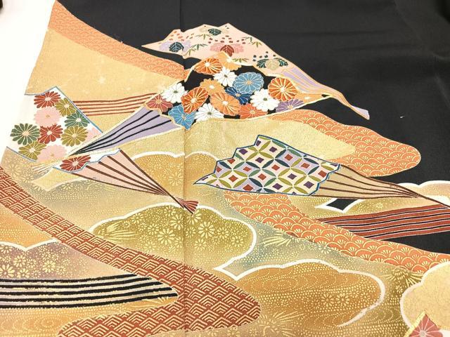 平和屋着物■豪華黒留袖 擦過物 駒刺繍 扇面吉祥花文 金彩 正絹 逸品 CABG6603xe