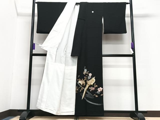 平和屋着物■豪華黒留袖 刺繍 流水花鳥文 金彩 正絹 逸品 CABG6628xe