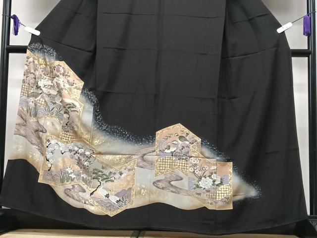 平和屋着物■豪華黒留袖 屏風花鳥文 暈し染め 金彩 正絹 逸品 CABG6629xe