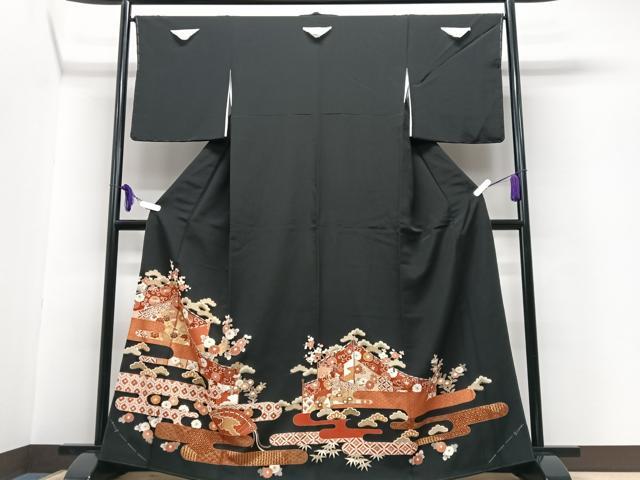 平和屋着物■豪華黒留袖 駒刺繍 花唐草松文 正絹 逸品 CABG6640xe
