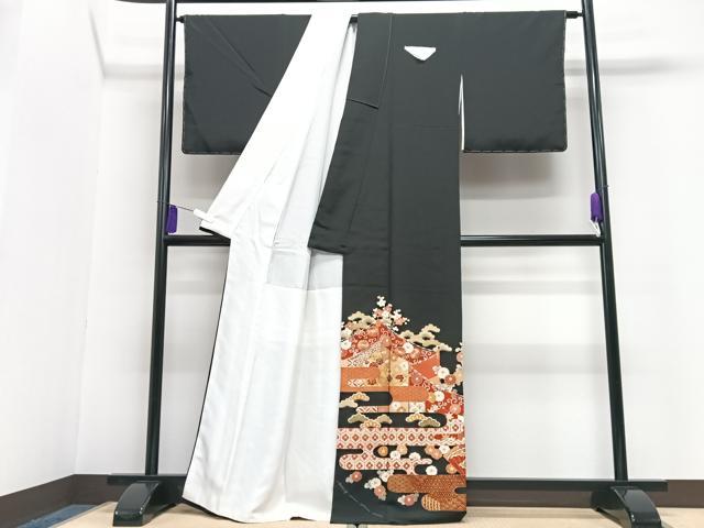 平和屋着物■豪華黒留袖 駒刺繍 花唐草松文 正絹 逸品 CABG6640xe