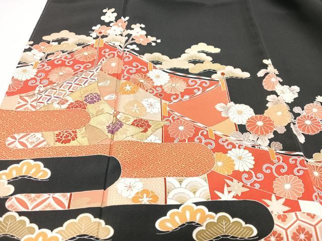 平和屋着物■豪華黒留袖 駒刺繍 花唐草松文 正絹 逸品 CABG6640xe