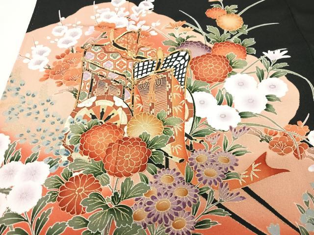 平和屋着物■豪華黒留袖 駒刺繍 御所車花文 金彩 正絹 逸品 CABG6717xe