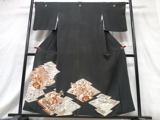 平和屋着物■豪華黒留袖 駒刺繍 孔雀花文 金彩 正絹 逸品 CABG6723xe