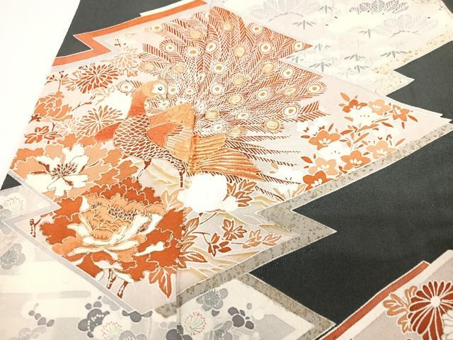 平和屋着物■豪華黒留袖 駒刺繍 孔雀花文 金彩 正絹 逸品 CABG6723xe